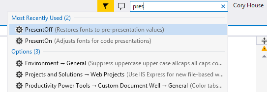 Enable Visual Studio Presentation Mode via Quick Launch